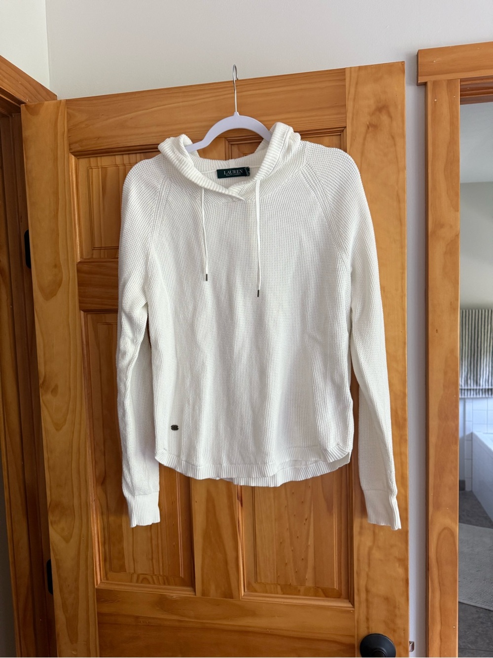 Ralph Lauren Cream Waffle-Knit Cowl Hoodie Sweater